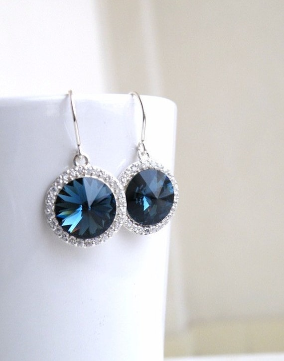 Sapphire Jewelry Wedding Jewelry Bridal Earrings Swarovski Crystal Montana Navy Blue Rivoli Silver CZ Halo Bella E16H-M Bridesmaid Jewelry