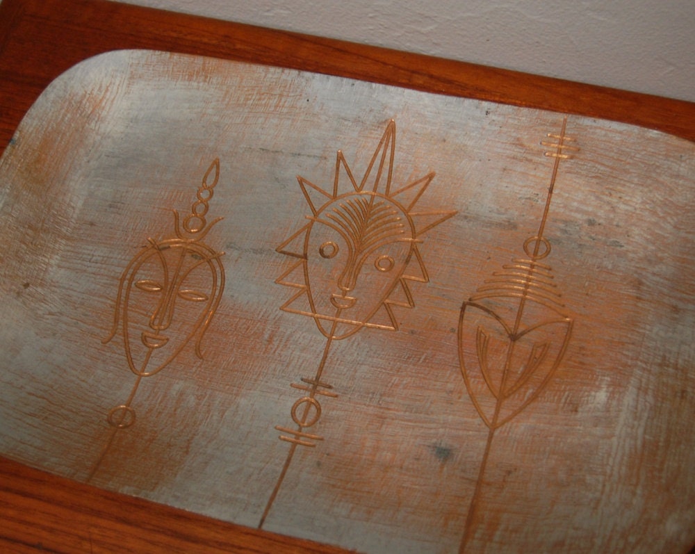 Vintage Masks Tiki Tray Metal Copper Mid Century