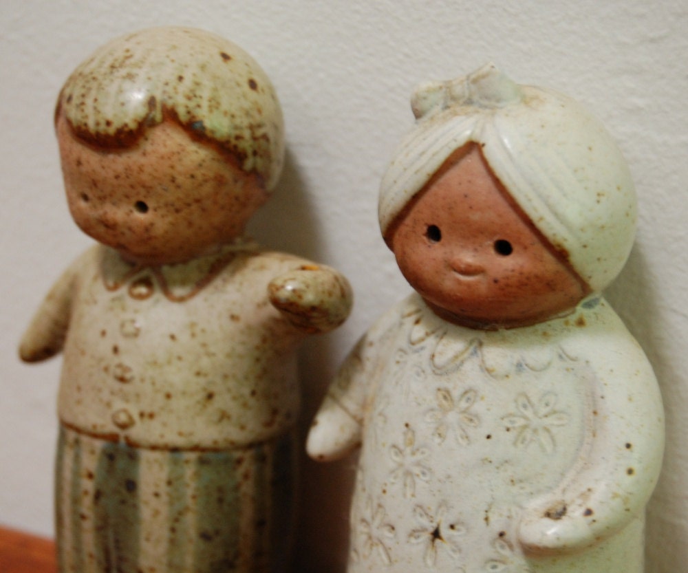 SALE:  Mid Century Salt Pepper Shakers Figural Girl Boy Pottery 1960s
