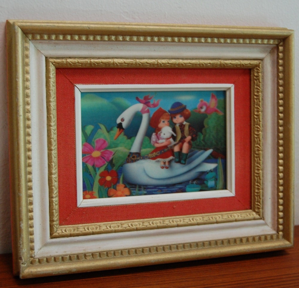 Vintage 1960s Lenticular Two Kids Riding Swan Frame