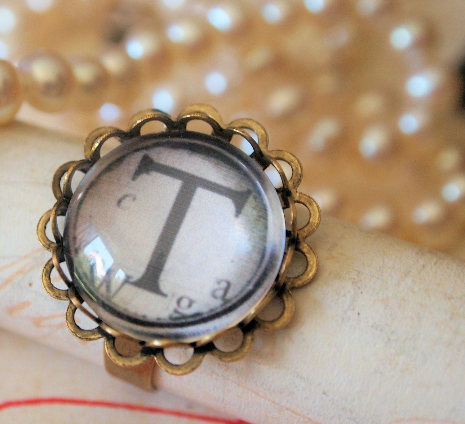 Adjustable Antique Bronze Vintage Typewriter Glass Cabochon Ring
