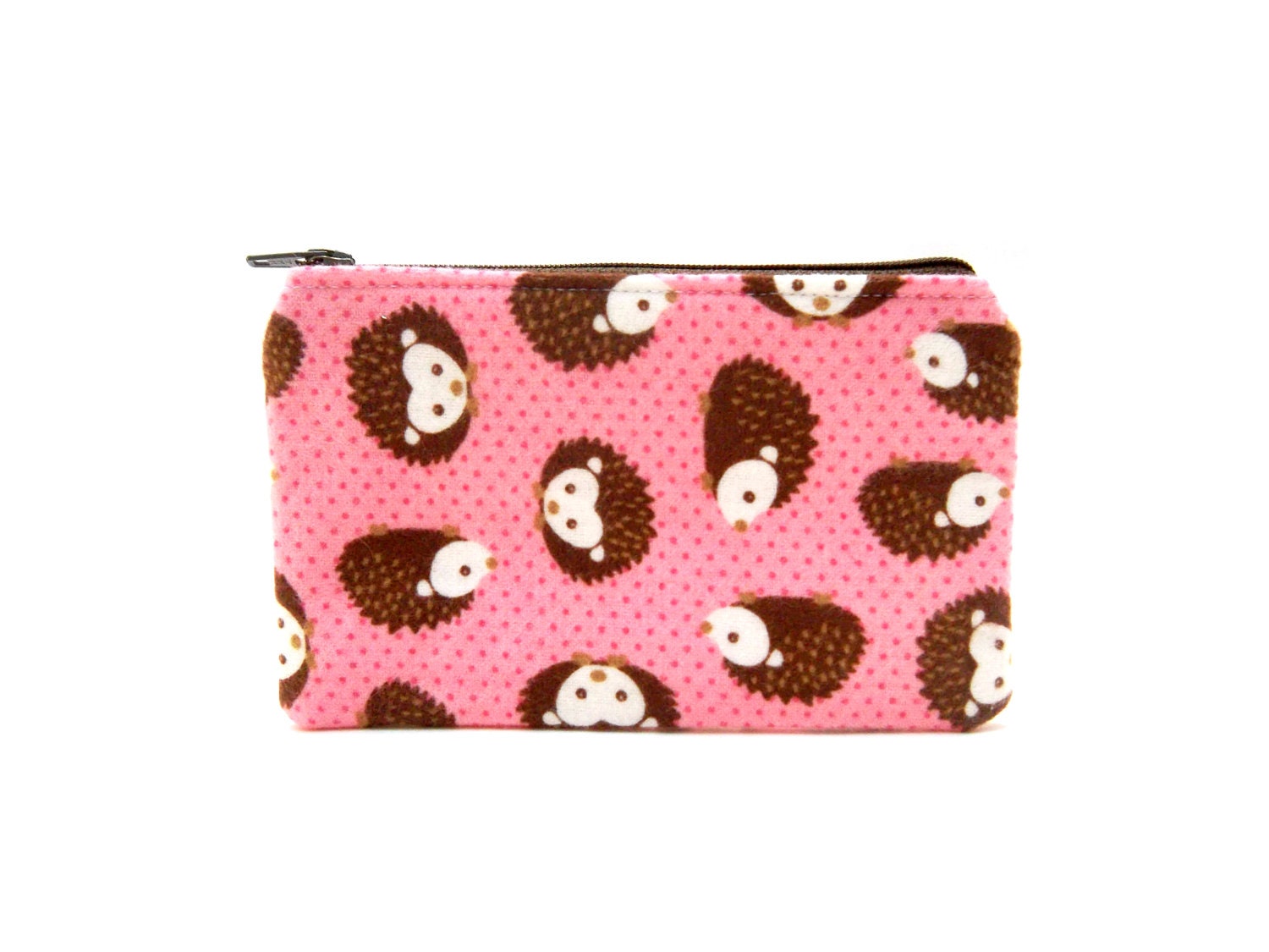 Mini Zipper Pouch / Cute Camera Bag in Hedgehogs and Pink Polka Dots