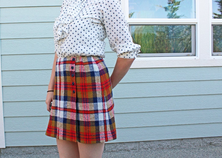 Button Wool Mini Plaid Skirt