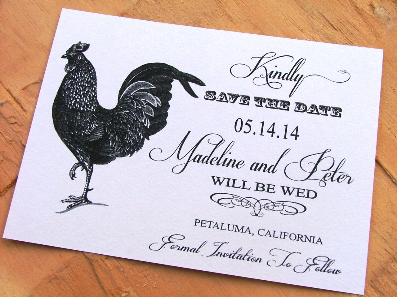 save the date card  - chicken, rooster farm wedding