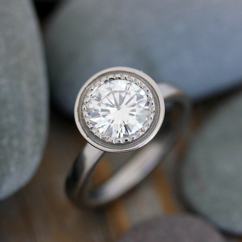 Moissanite and 14k Palladium White Gold Engagement Ring, Polished  Gold and MIlgrain Details