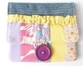 Cute Patchwork Fun Teen Girls Pocketbook - Pink Yellow Credit Card Wallet - Shabby Chic Ooak Vegan Upcycled Denim Small Gift for Her -