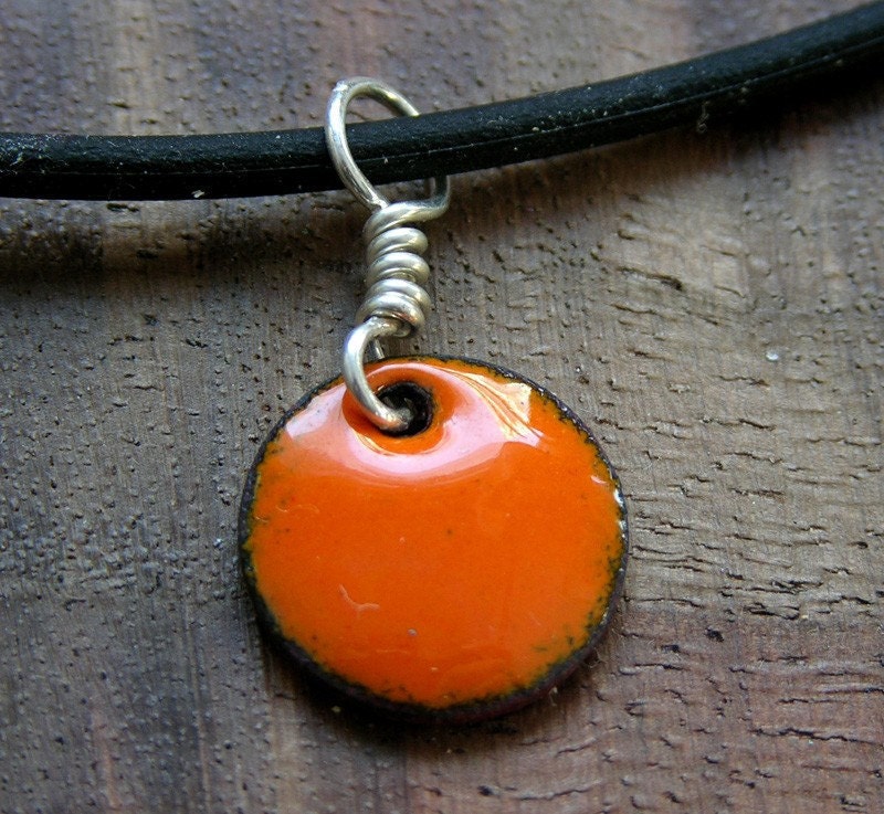 Orange Enamel necklace Handmade Copper enamel disc The Prairie Collection