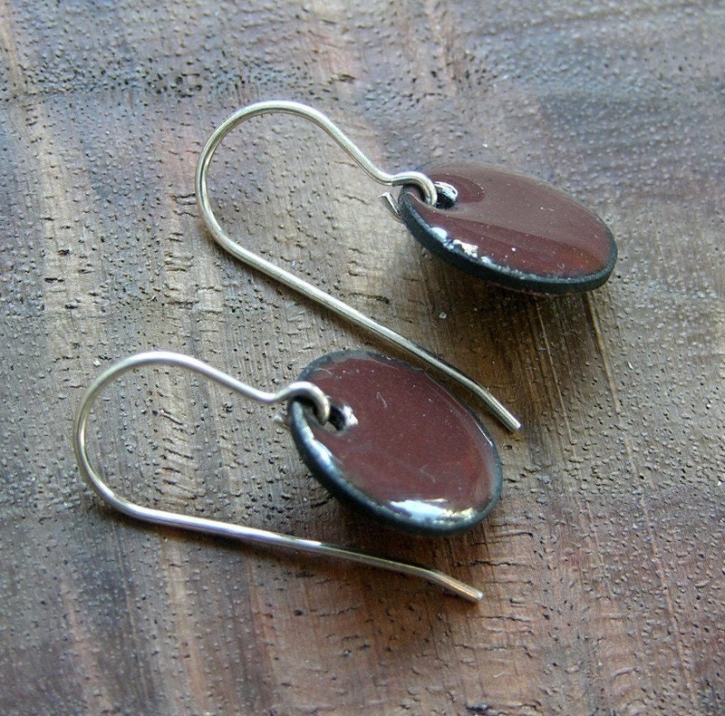 Mocha Brown Short Dangle Earrings, French Roast Brown Copper Enamel, Sterling Silver French Hook Earwires, Espresso, Handmade