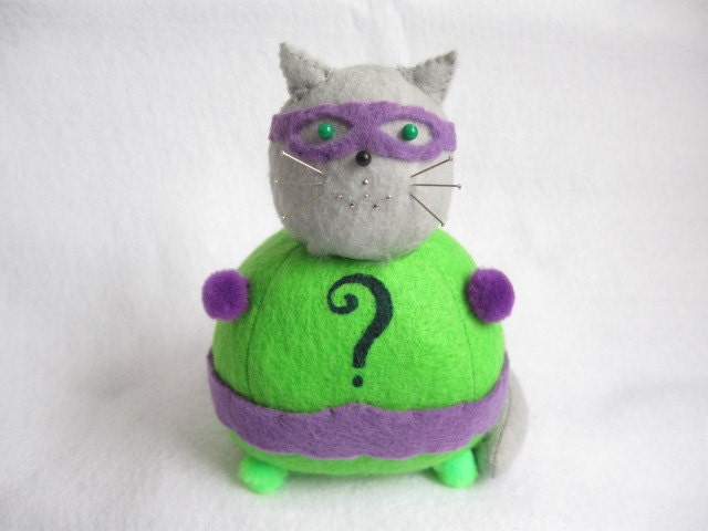 Batman The Riddler Inspired Cat Pincushion cute felt kitty cat collectable or gift for animal lover...MADE-TO-ORDER