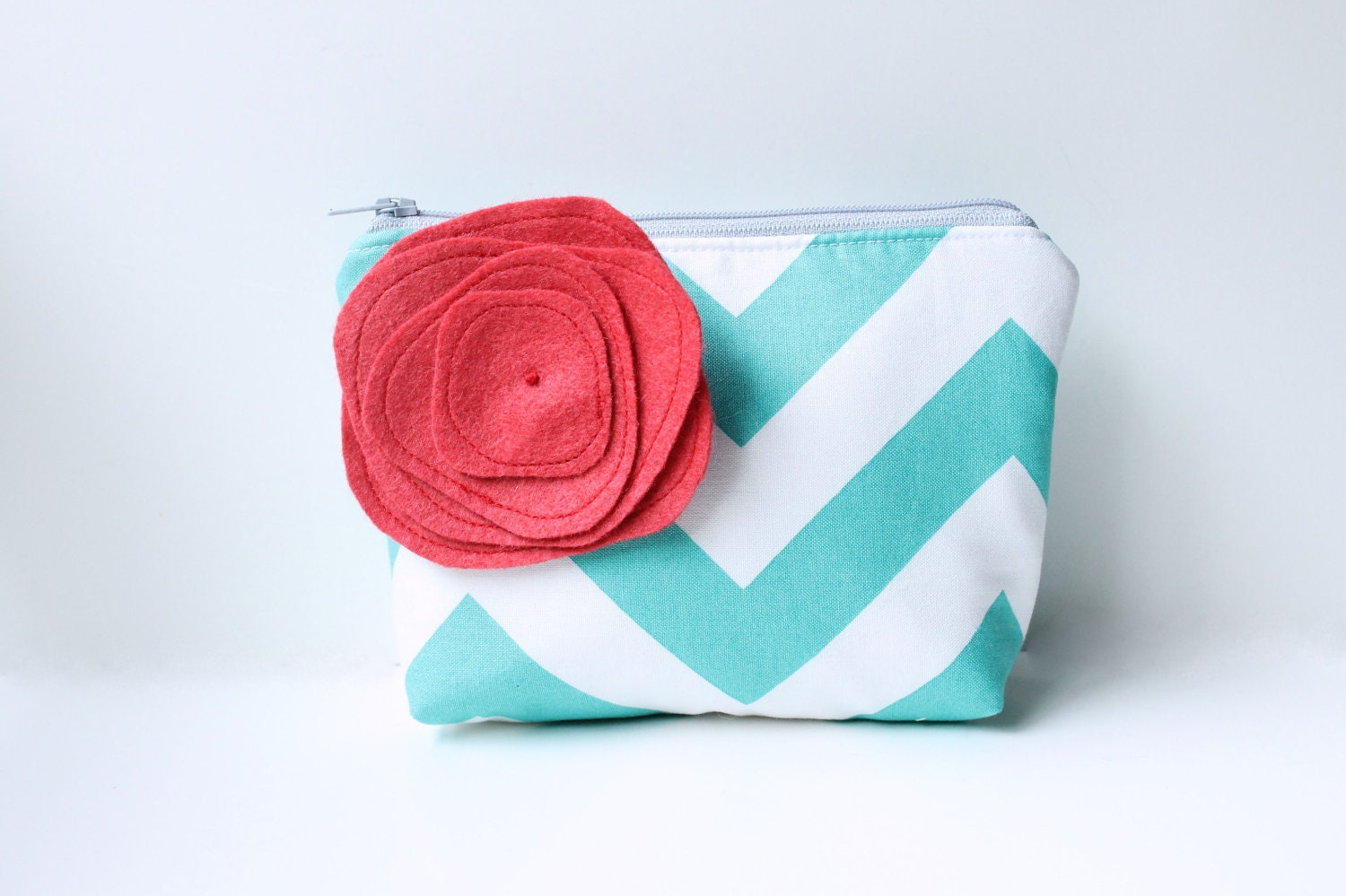 Cosmetic Bag Zipper Pouch, Aqua and Red, Flower Brooch, Bridesmaid Gift ,