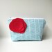 Large Cosmetic Bag and Flower Brooch Pin - Red and Aqua Herringbone Chevron, Zipper Pouch Make Up Bag