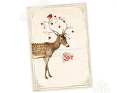 Deer Print, Aceo, Giclee Art Print, Woodland, Love, Red Hearts, Antlers, Robin, Christmas, Digital Art Print - CafeBaudelaire