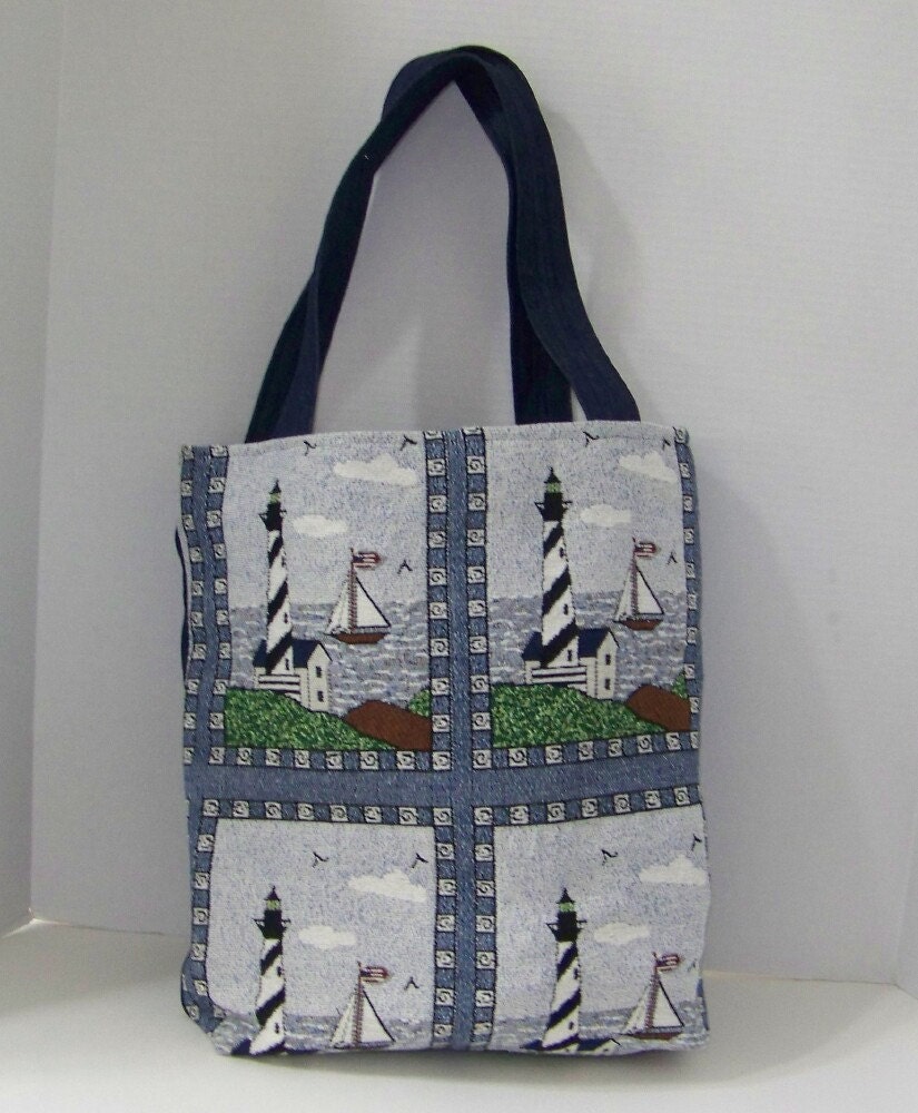 Tote - Lighthouse Sailboats tapestry blue