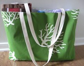 Extra Large Beach Tote, Beach Bag Chartruese Coral print, READY TO SHIP