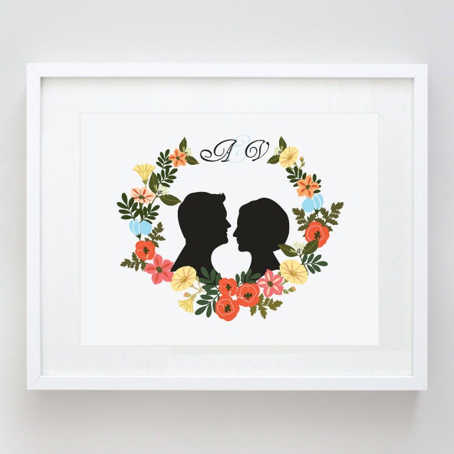 Personalized Wedding Gift - Bride, Groom, Bridesmaides Gift, Silhouette Print, Flower Wreath, Anniversary Gift, Unframed 8x10