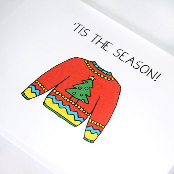 Funny Christmas Card.  Ugly Christmas Sweater. Red and Green. Blank Christmas Card.