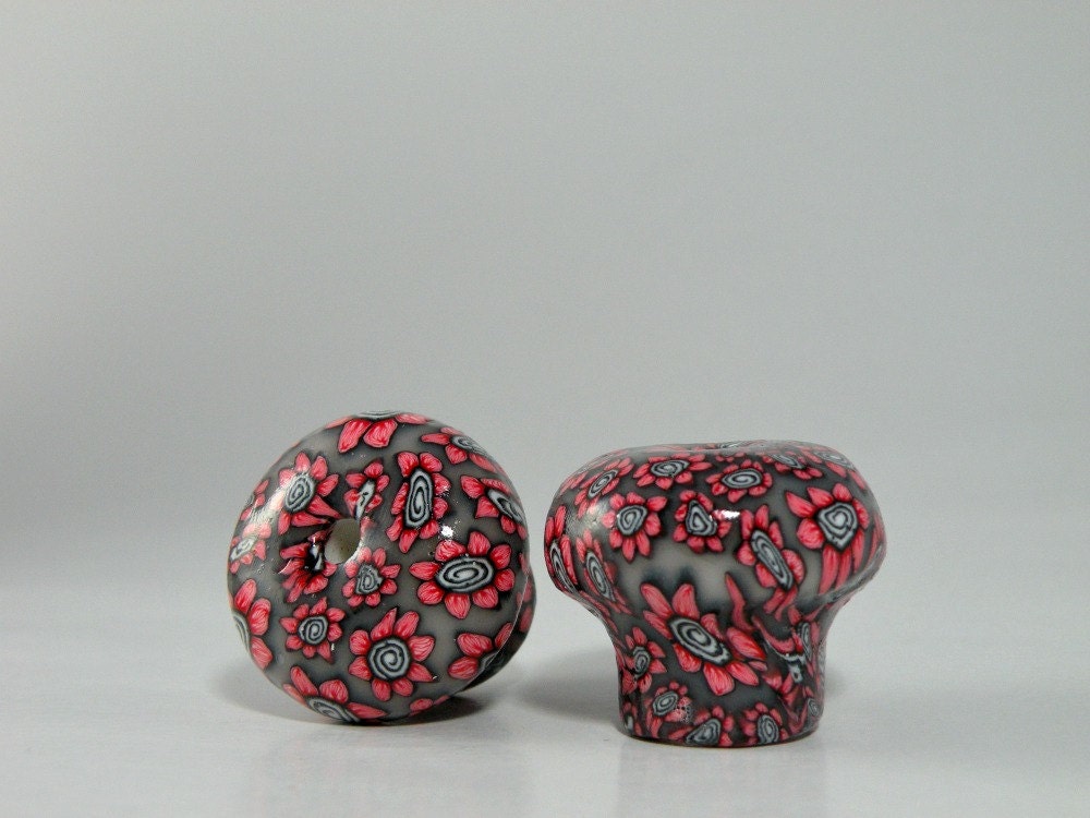 Red, Grey, Black and White Petite Flowers Drawer Pull Set of Two Knobs...