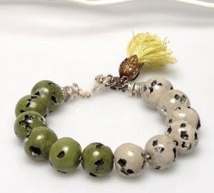 Harvest Color Beads Bracelet, Beaded Bracelet, Green, Grey - Gray, Volcanic Beads with Lime Green Tassel