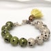 Harvest Color Beads Bracelet, Beaded Bracelet, Green, Grey - Gray, Volcanic Beads with Lime Green Tassel