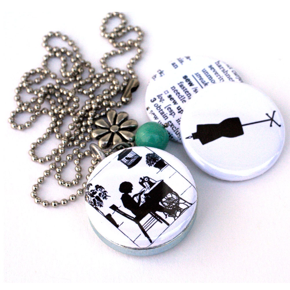 Sewing Locket Necklace, Sew, Seamstress Locket - Black and White Magnet Set - Recycled by Polarity