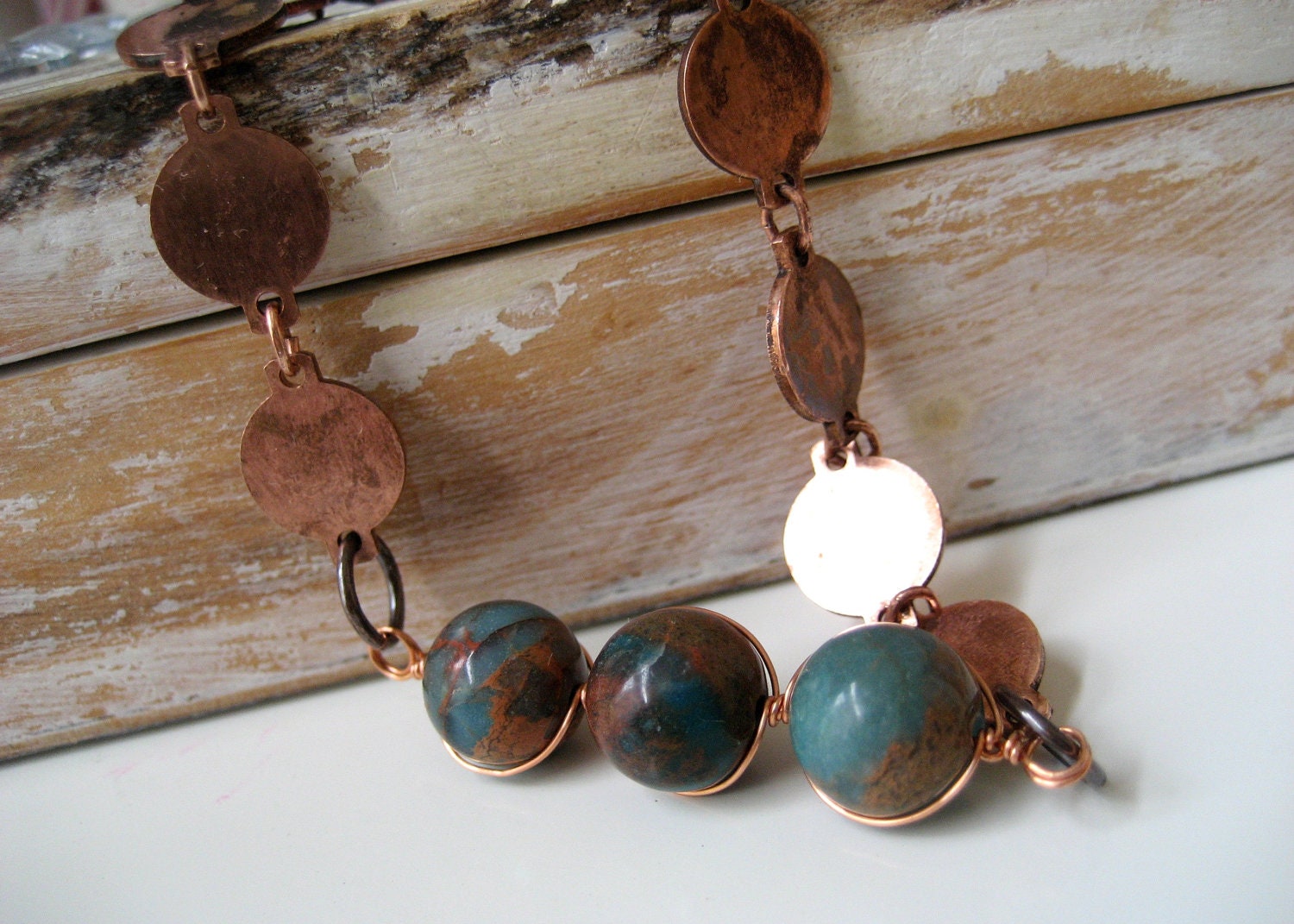 Handmade Copper Stone Bracelet Rustic Earthy Blue Green