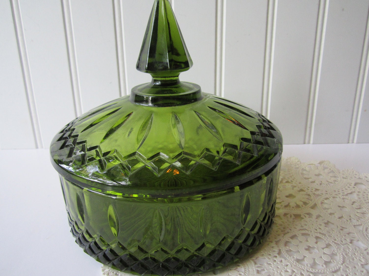 Vintage Indiana Princess Avocado Green Covered Candy Jar