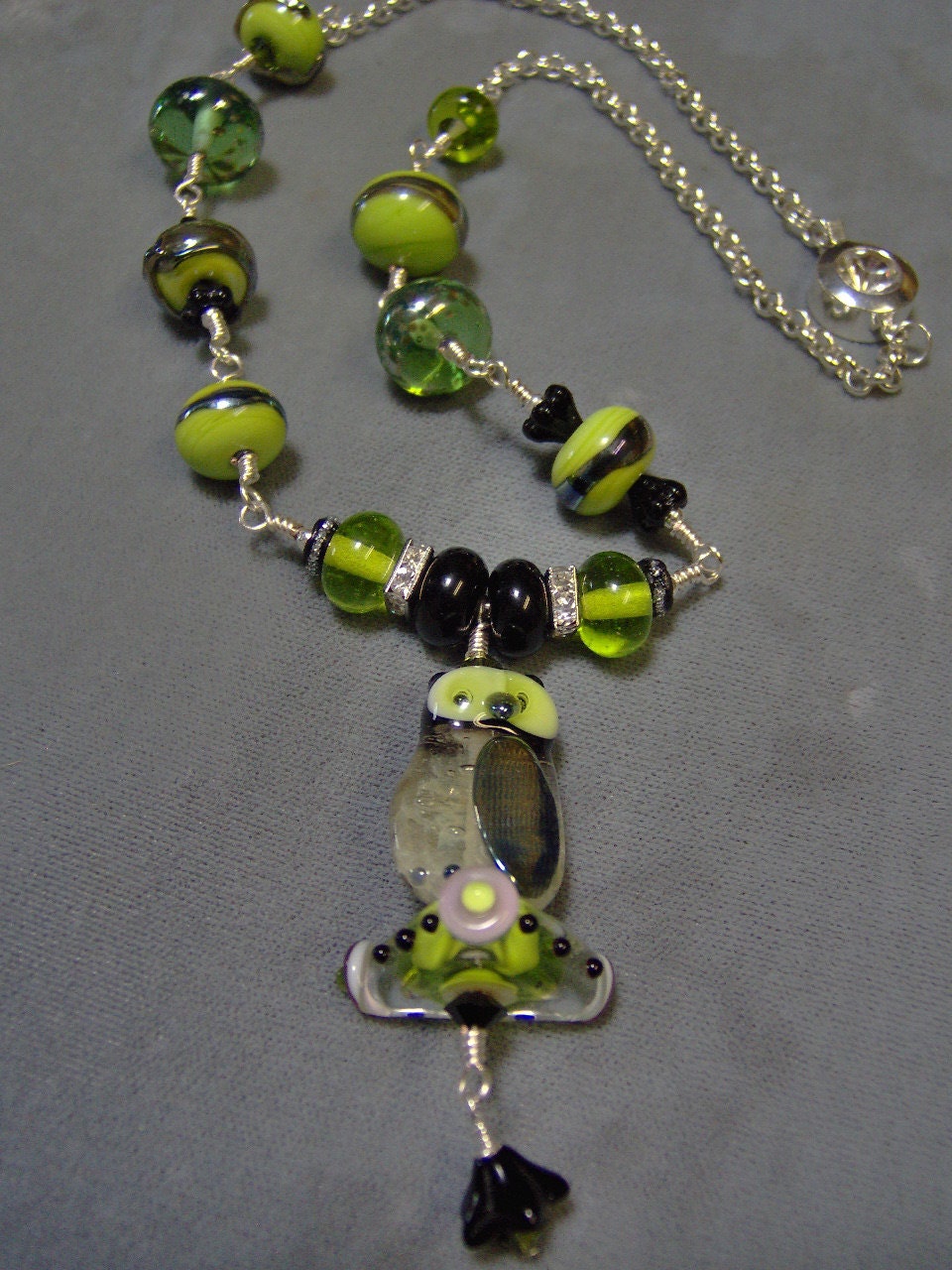 Artisan Lampwork Beaded Owl Pendant Necklace - Wire Wrapped Necklace - Lime Greens and Black