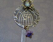 Embossed Brass Vintaj Vintage Style Bird Cage Crystal Beaded Pendant or Charm