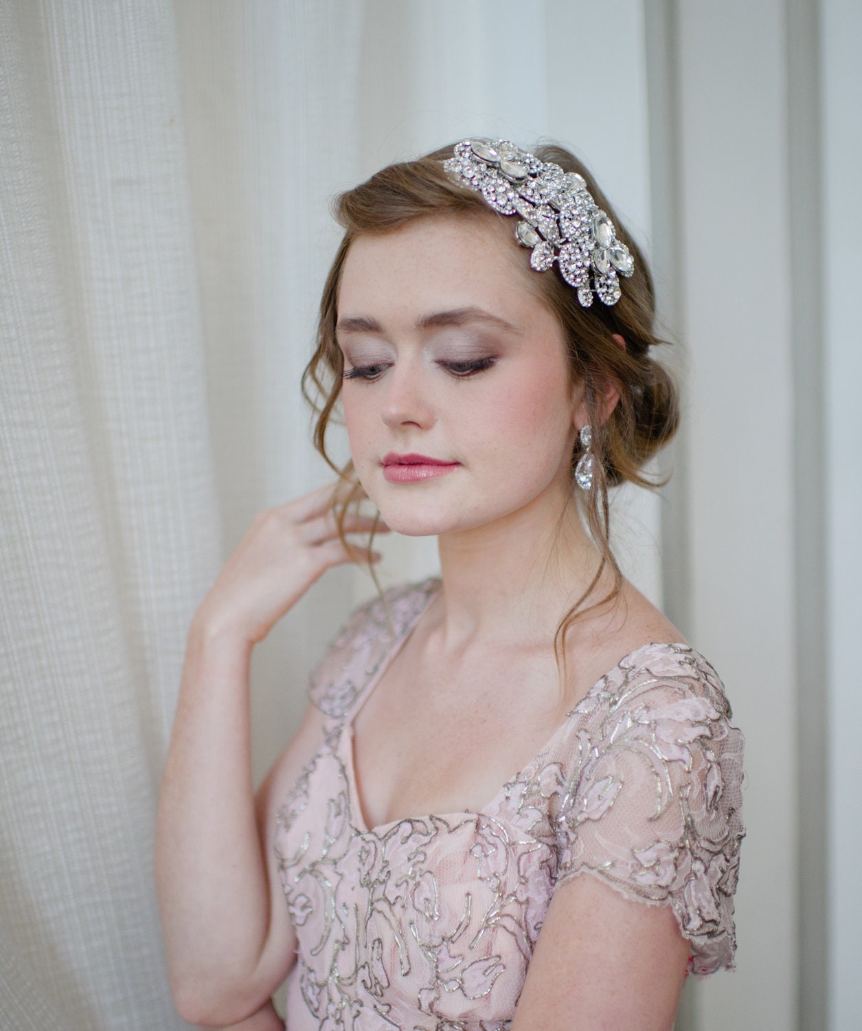 Dramatic Bridal Headband with Swarovski Rhinestone Flowers and Pearls by Fine & Fleurie