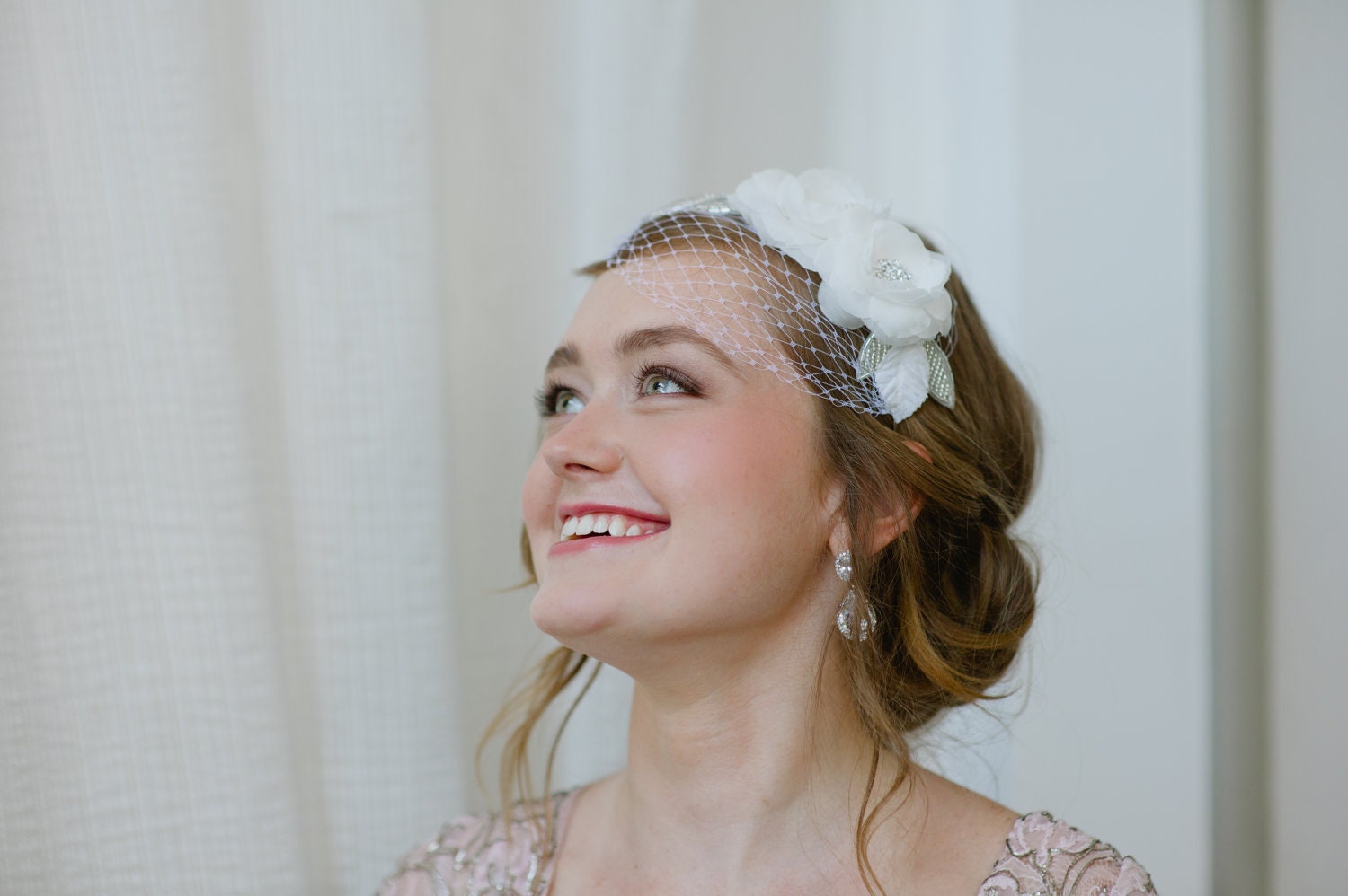 Bridal Hairband with Mini Veil in Light Ivory by FIne & Fleurie