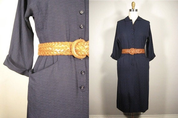 Vintage Day Dress, 1940s, 1950s, Crepe, Navy Blue, Collar, Button Front, Pockets, Dolman Sleeves, Peter Pan Collar, Classic