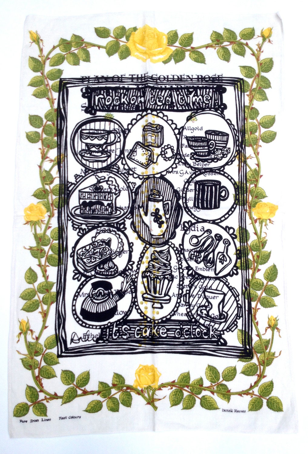 Vintage Upcycled Yellow Rose 'Rock on Tea Time' Illustrated Tea Towel