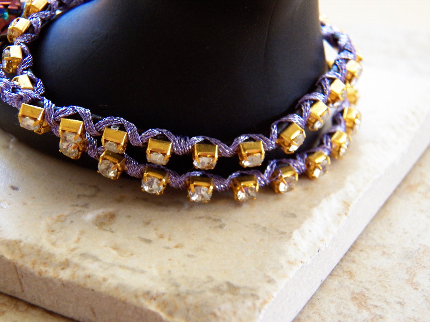 Double Wrap  Rhinestone and Leather Bracelet Wraped with Metallic Lavender cords, Gift for Under 30