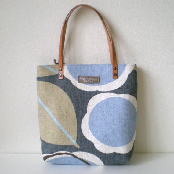 Canvas mini tote bag, Flower- grey and Light blue