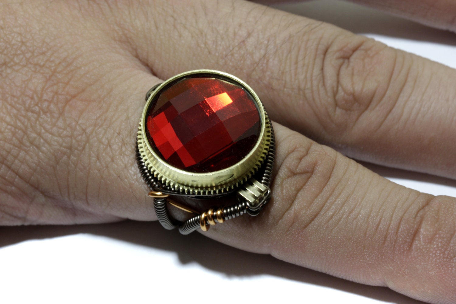 Steampunk Jewelry - Ring - Red Ruby Checker Cut Faceted Dome Glass - SIZE 11 ONLY