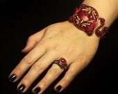 Steampunk Neo Victorian Jewelry Set - Bracelet and Ring  - Czech Glass 2-DRAGONFLY Art Nouveau Ruby Gold Button