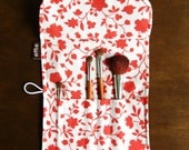 Makeup Brush Roll - Size Small - Taupe and Coral