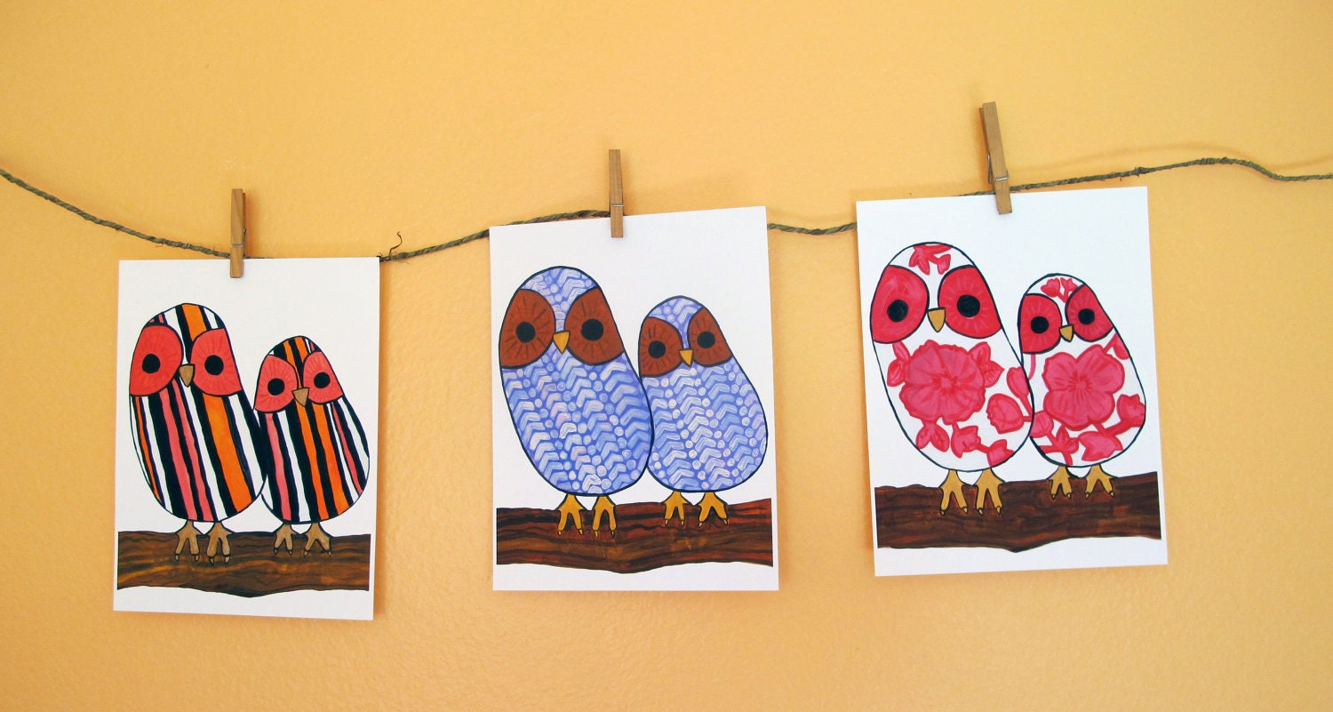 Nursery art, Diamond and Chica, owl illustration, animal illustration, children's art