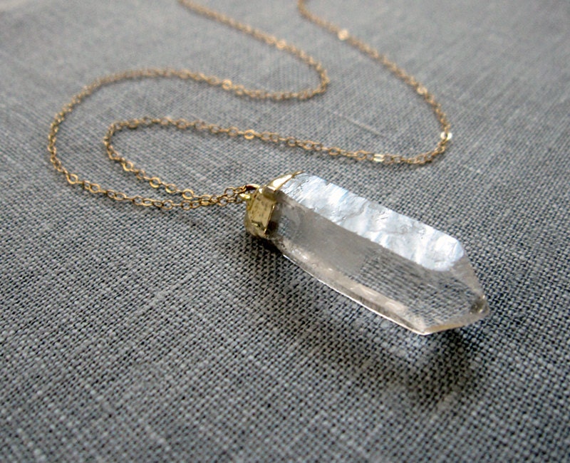Rock Crystal Quartz Necklace / Long Necklace Pendant  / Delicate Long Gold Necklace / Long Gold Chain