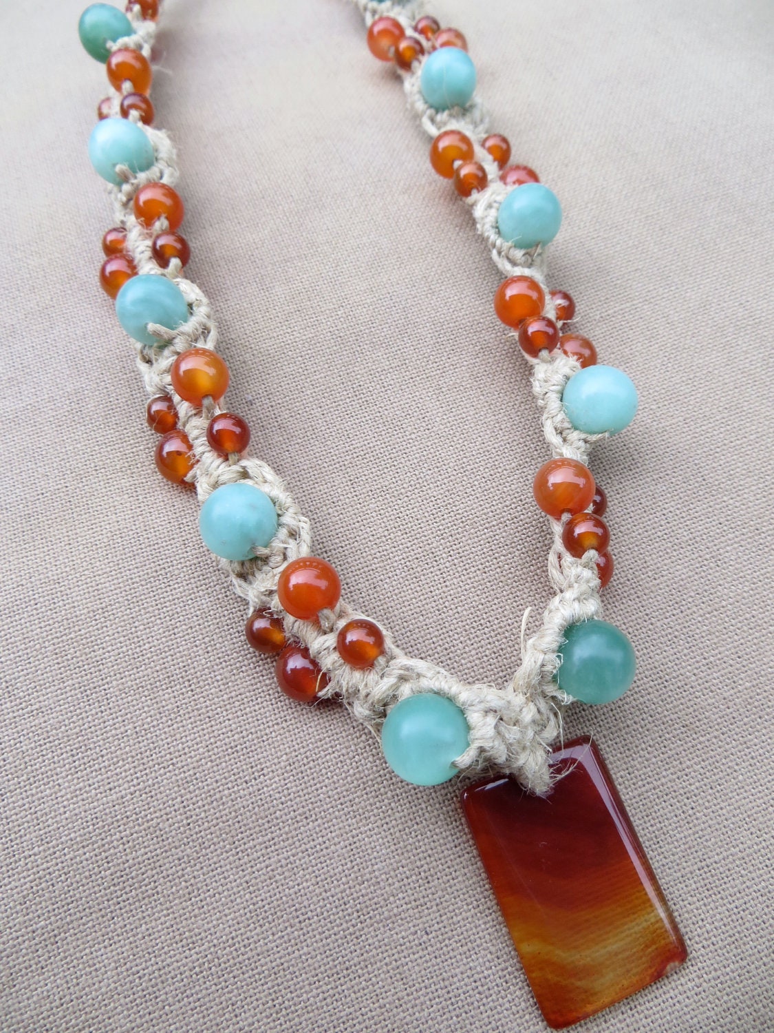 SALE Carnelian and Amazonite Hemp Macrame Necklace - Natural Bohemian Hippie