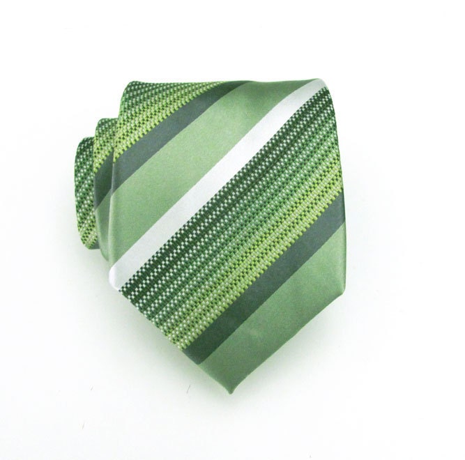 Mens Necktie - Green and White Striped Silk Tie