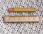Ruler and Pencil Brooch Set. Laser cut from Sustainable Birch Wood. Made in England.