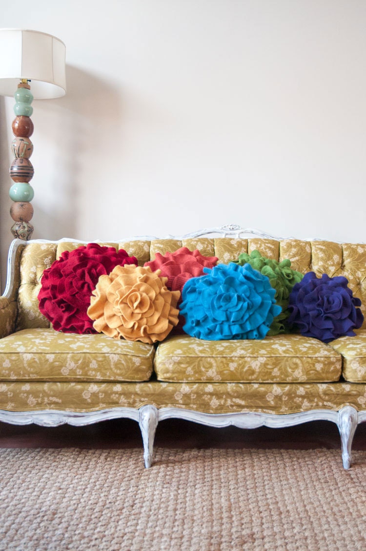 Large 19" Ruffle Rose Pillow in rich red. Eco friendly recycled materials.