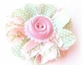 Baby pink & Green Fabric Flower- Hair Clip with custom handmade button