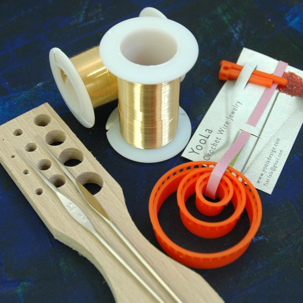 Wire crochet supply kit ,  gold wire , wood draw plate, 2 crochet hooks , ISK starter set , DIY jewelry kit