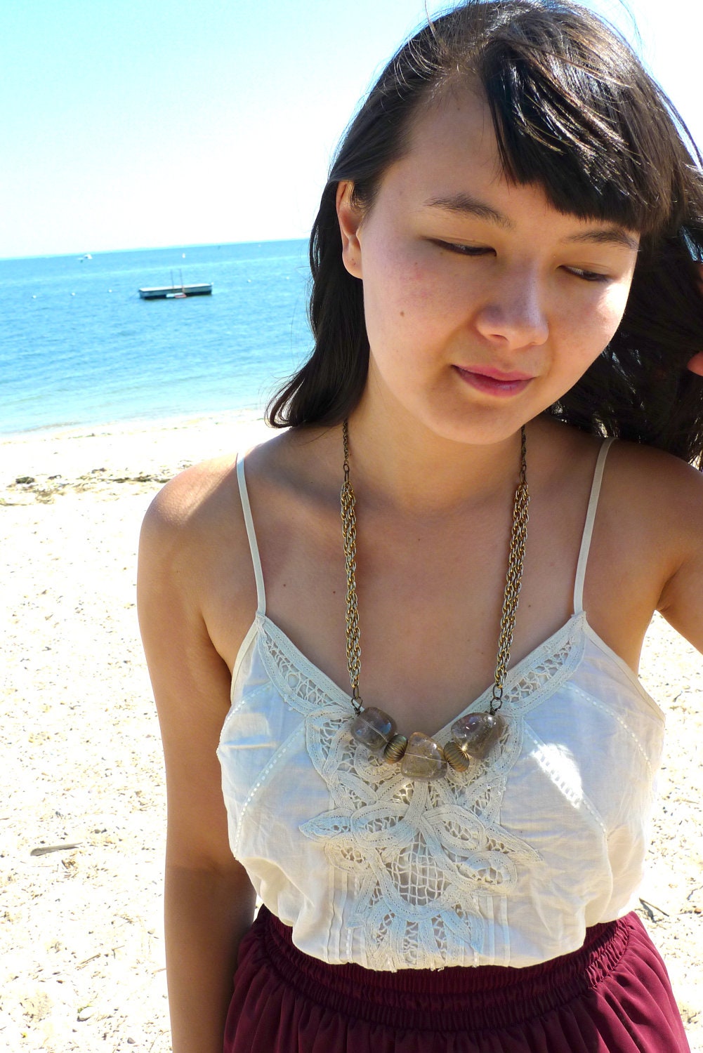 Giant Quartz Crystal Nugget Statement Necklace with Rope Chain