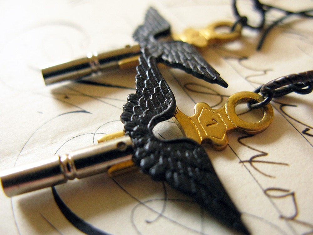 Steampunk earrings - beautiful Winged Freedom antique pocket watch winder keys, wings, bright brass, steel, delicate keys, key jewelry