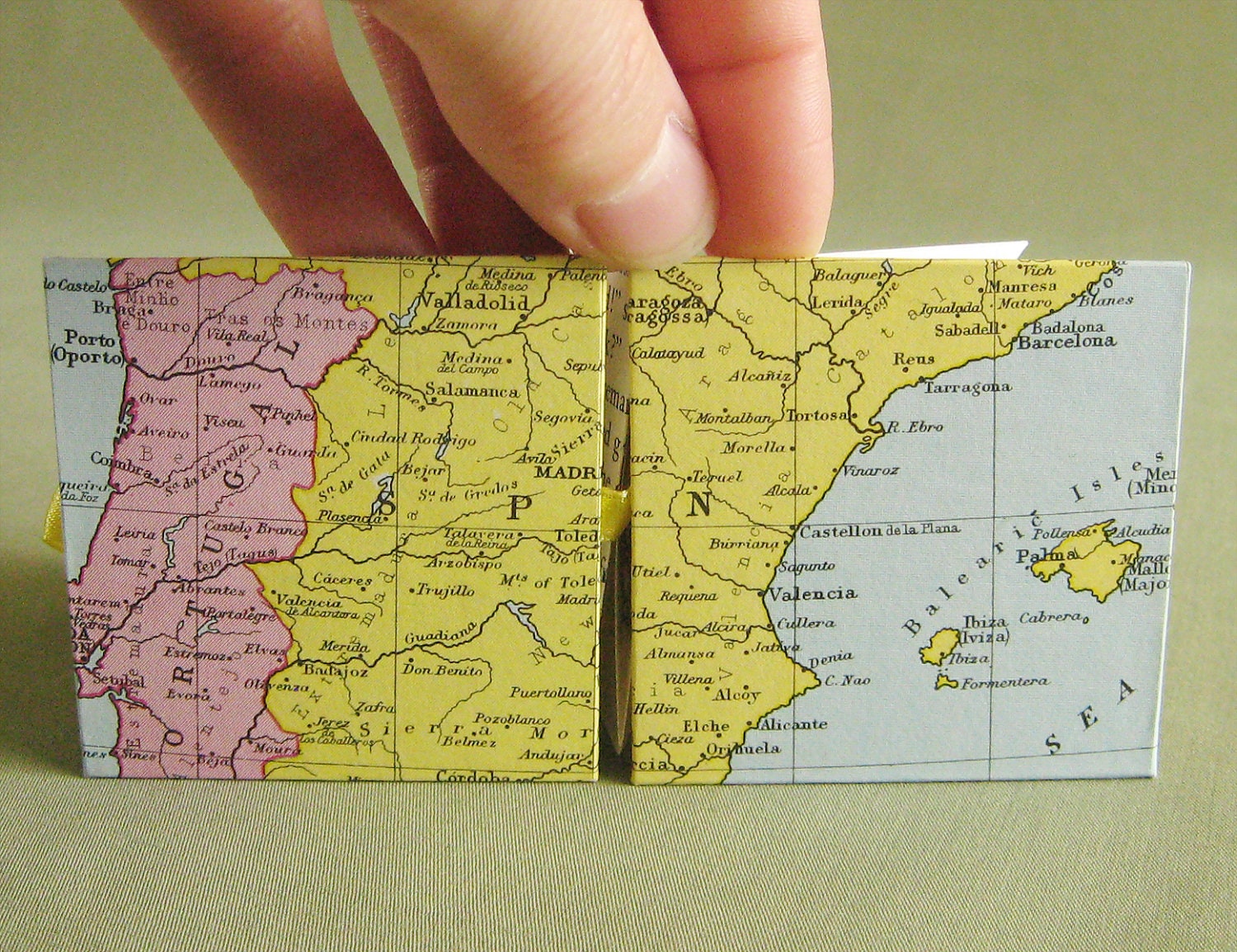 Spain / Portugal Recycled Map Mini Accordion Book or Card by PrairiePeasant