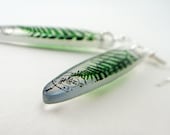 Fern earrings , resin earrings, green fern, spring, one fern slim dagger, translucent resin earrings