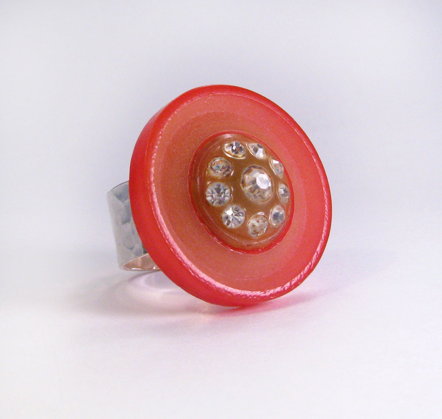 Retro Ring Vintage Rhinestone Ring - Silver Plated ring - Mad Men Orange